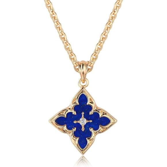 Gold Clover Necklace Women Dainty 14K Gold Dark Blue Pendant Adjustable Chain - Picture 1 of 7